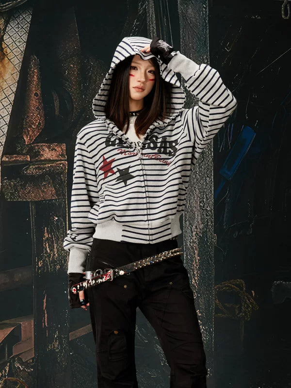 Striped Zip-Up Hoodie Jacket with Graphics 1