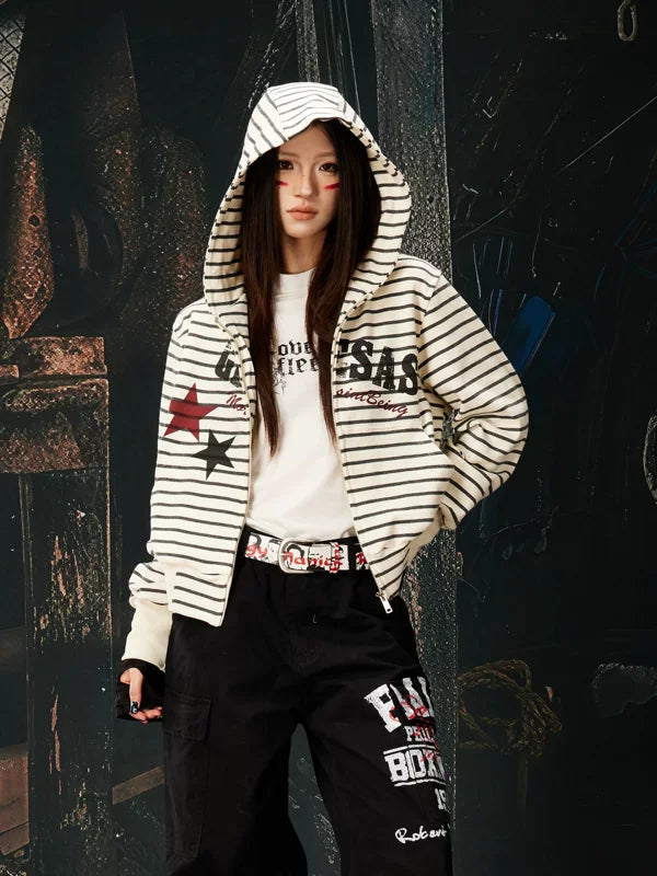 Striped Zip-Up Hoodie Jacket with Graphics 2