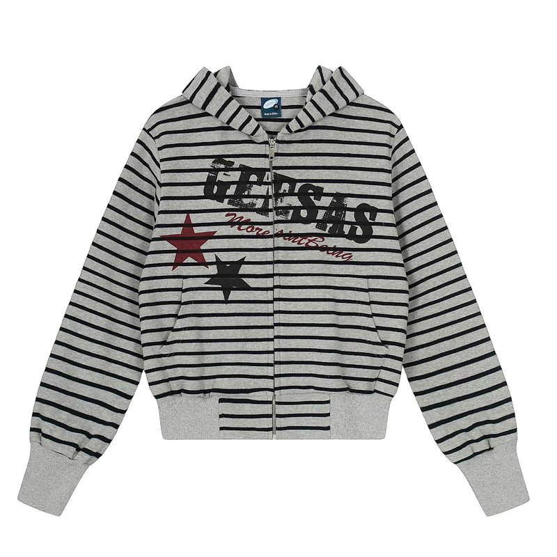6183081015955,6183081015956,6183081015957, Striped Zip-Up Hoodie Jacket with Graphics
