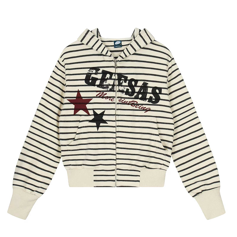 6183081015958,6183081015959,6183081015960, Striped Zip-Up Hoodie Jacket with Graphics