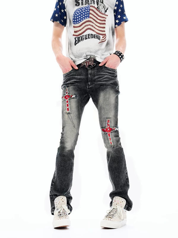 Studded Cross Patchwork Flared Jeans Pants 1