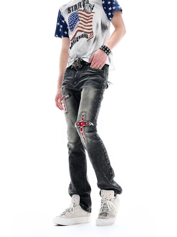 Studded Cross Patchwork Flared Jeans Pants 2