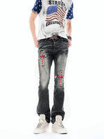 Studded Cross Patchwork Flared Jeans Pants 3