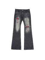 Studded Cross Patchwork Flared Jeans Pants 5