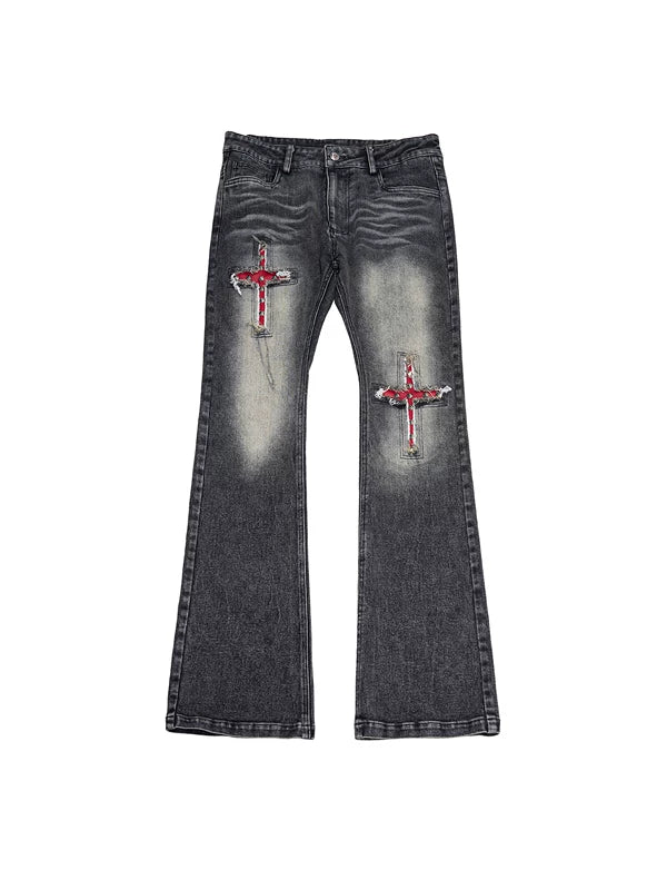 Studded Cross Patchwork Flared Jeans Pants 5