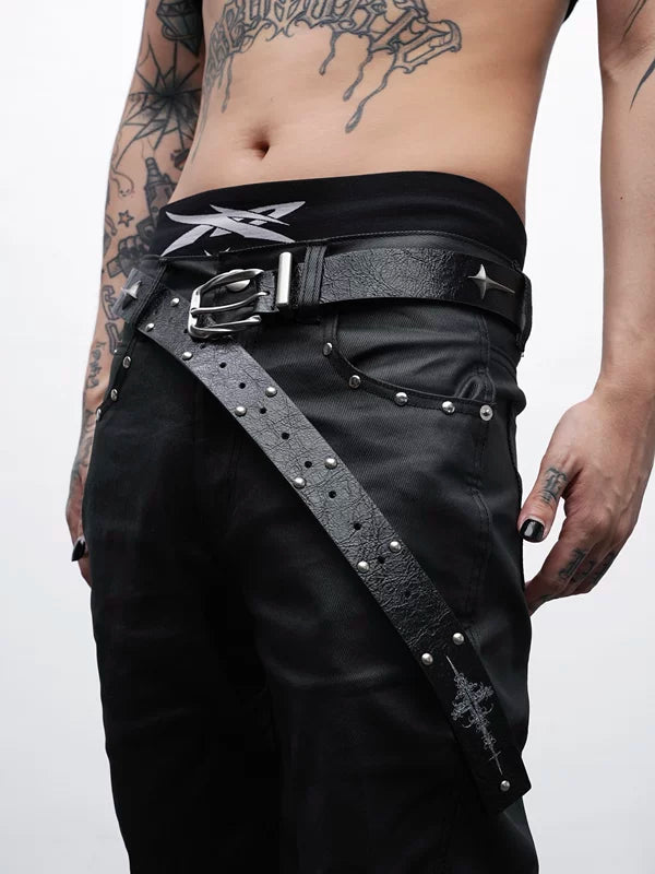 Studded Cross Print Leather Belt 1