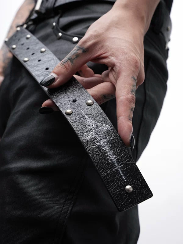 Studded Cross Print Leather Belt 3