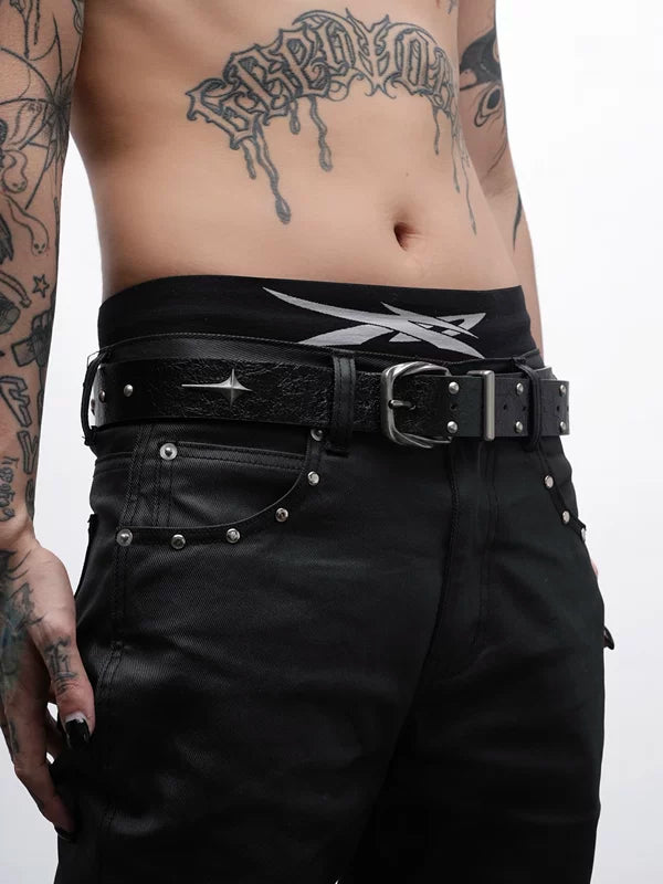 Studded Cross Print Leather Belt 4