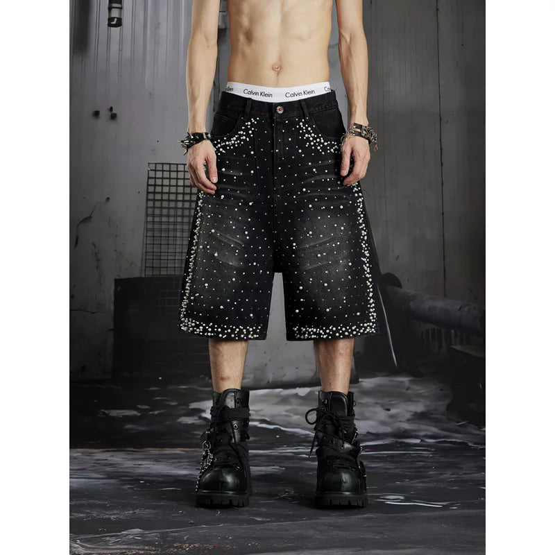 6087097600183,6087097600184,6087097600185, Studded Distressed Denim Shorts