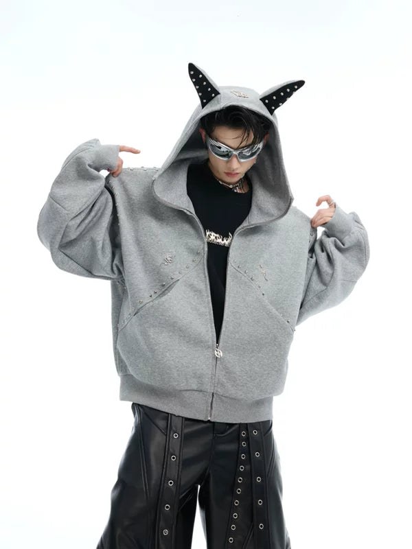 Studded Ear Detail Zip-Up Hoodie 1
