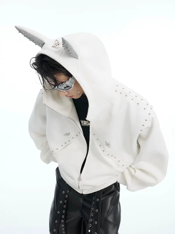 Studded Ear Detail Zip-Up Hoodie 2