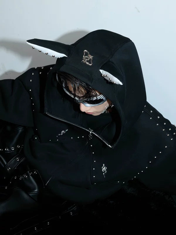 Studded Ear Detail Zip-Up Hoodie 3