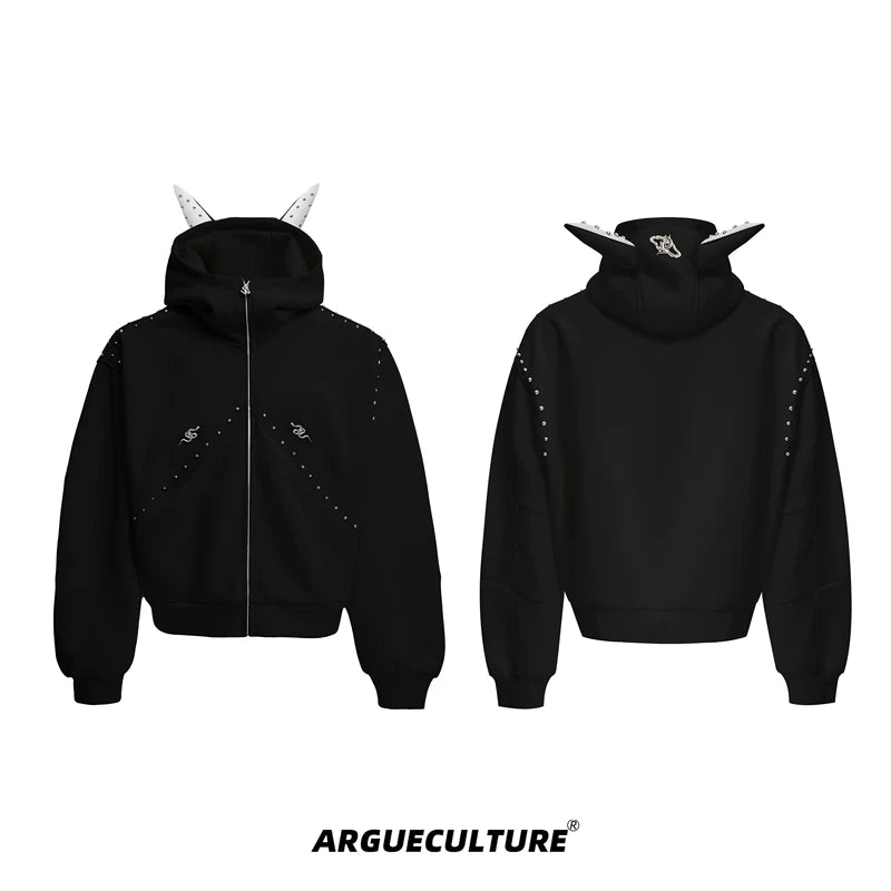 5882602206556,5882602206557,5882602206558,5882602206559, Studded Ear Detail Zip-Up Hoodie
