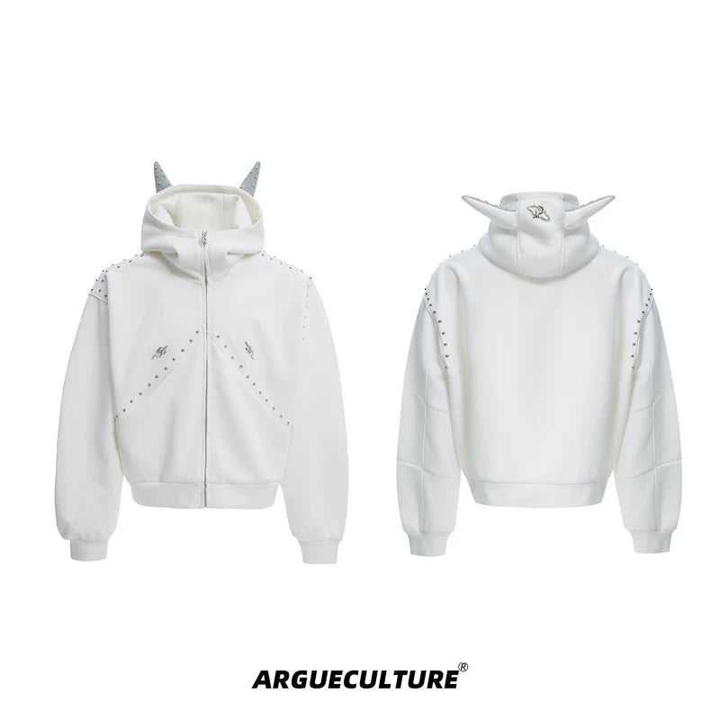 5882602206560,5882602206561,5882602206562,5882602206563, Studded Ear Detail Zip-Up Hoodie