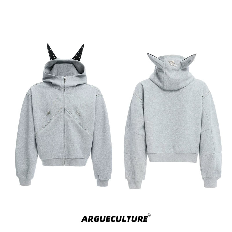 5882602206564,5882602206565,5882602206566,5882602206567, Studded Ear Detail Zip-Up Hoodie