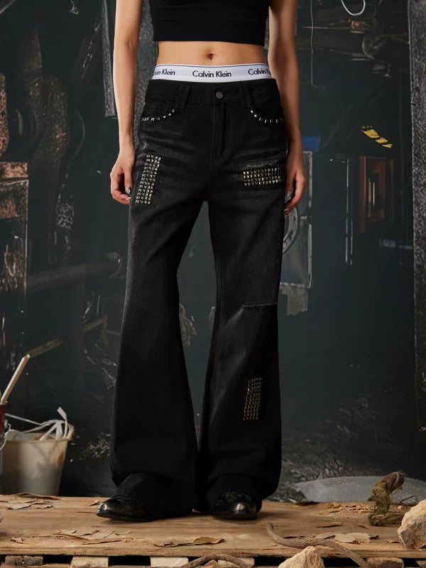 Studded Flared Distressed Punk Jeans Pants 1