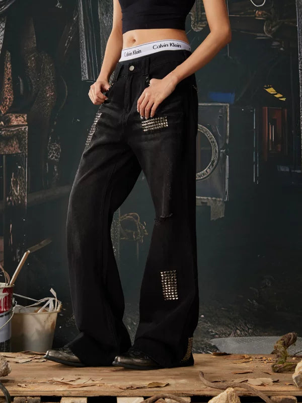 Studded Flared Distressed Punk Jeans Pants 2