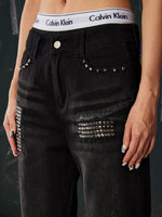 Studded Flared Distressed Punk Jeans Pants 3