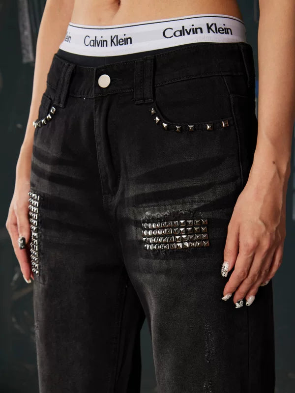 Studded Flared Distressed Punk Jeans Pants 3