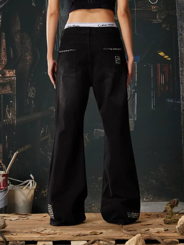 Studded Flared Distressed Punk Jeans Pants 4