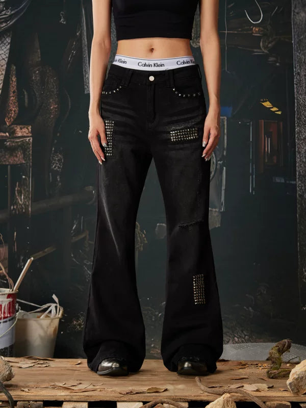 Studded Flared Distressed Punk Jeans Pants 5