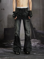 Studded Lace-Up Distressed Flared Jeans 1