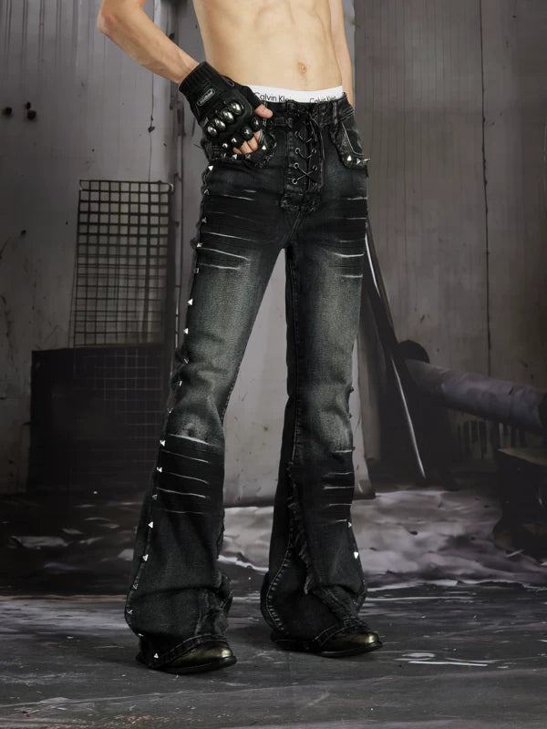 Studded Lace-Up Distressed Flared Jeans 2