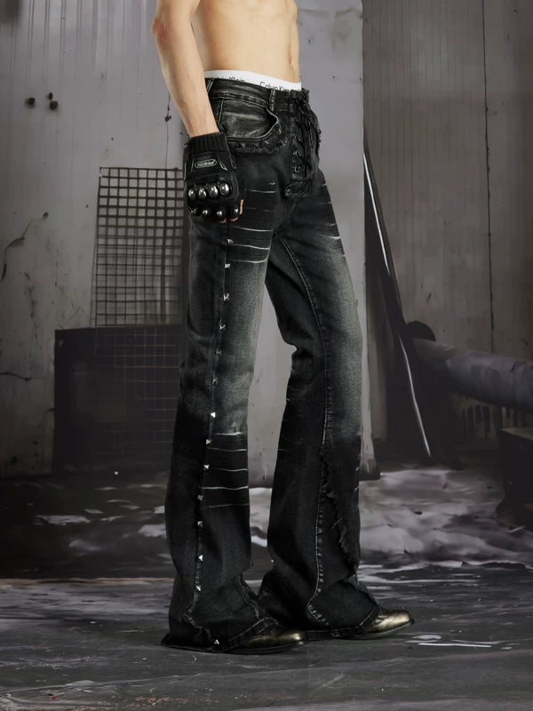 Studded Lace-Up Distressed Flared Jeans 4