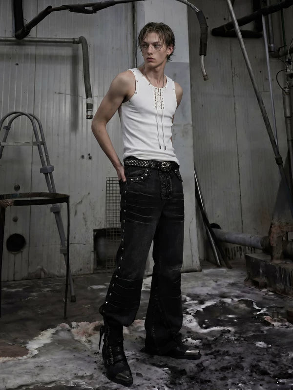 Studded Lace-Up Distressed Flared Jeans 5