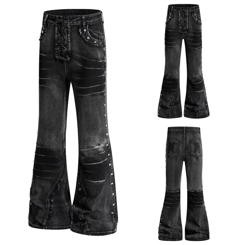 6260191475161,6260191475162,6260191475163,6260191475164,6260191475165, Studded Lace-Up Distressed Flared Jeans