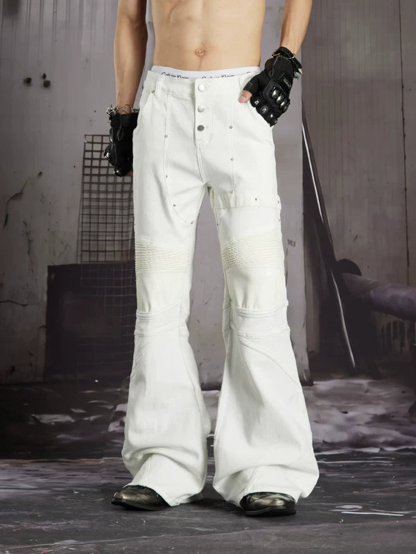 Studded Leather Patchwork Flared Jeans 1
