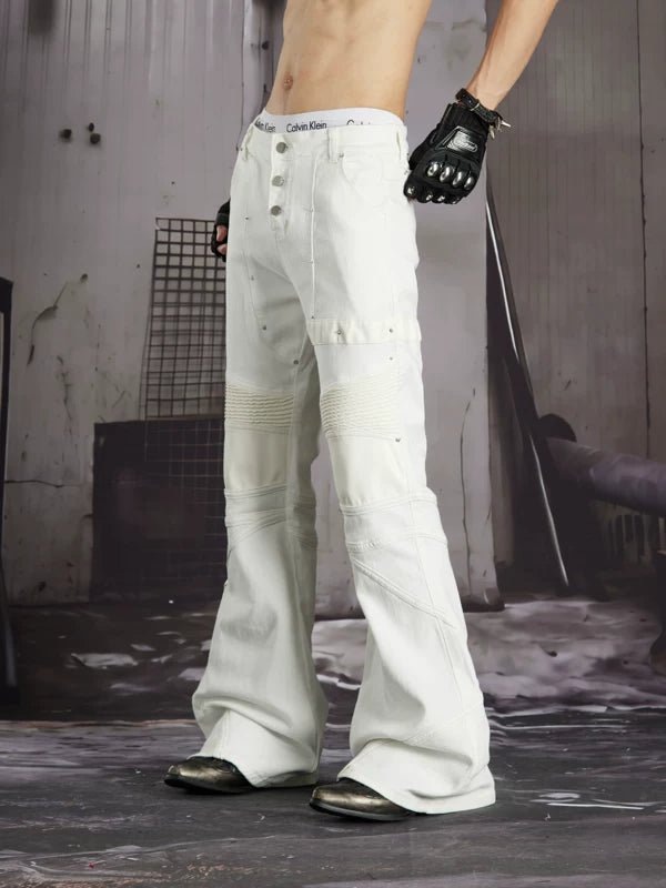Studded Leather Patchwork Flared Jeans 3