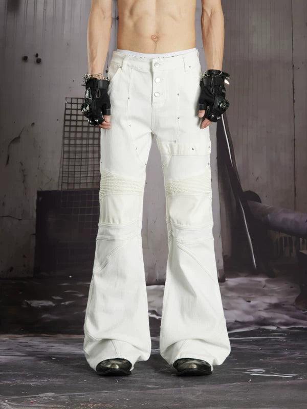 Studded Leather Patchwork Flared Jeans 5
