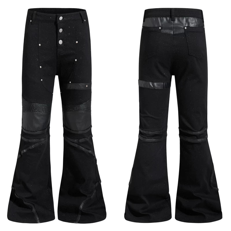 6099717821837,6099717821838,6099717821839,6099717821840,6099717821841, Studded Leather Patchwork Flared Jeans