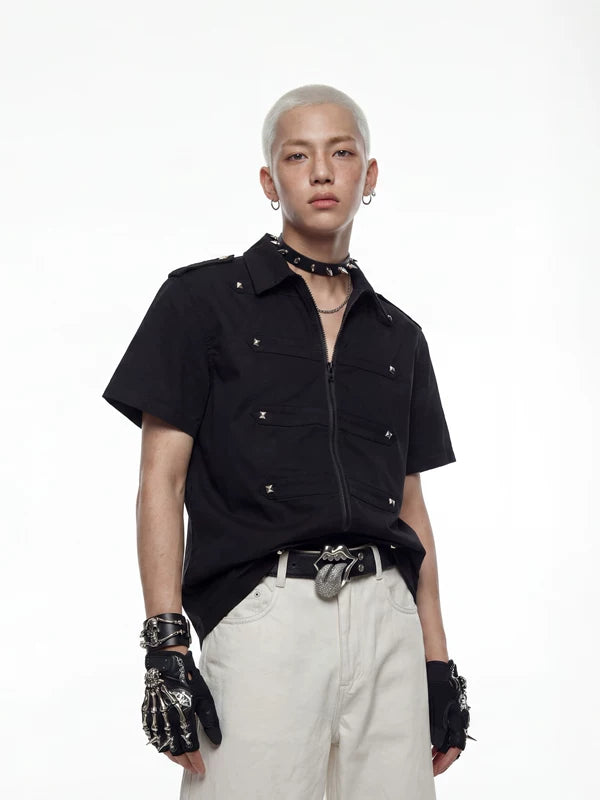 Studded Short Sleeve Zip Shirt 1