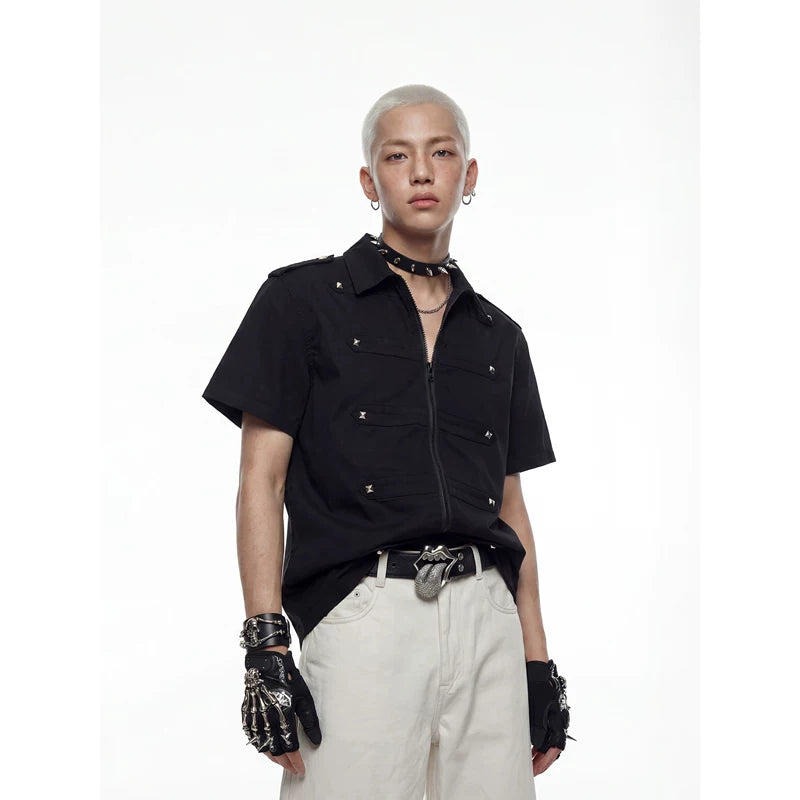 6242175871847,6242175871848,6242175871849,6242175871850, Studded Short Sleeve Zip Shirt