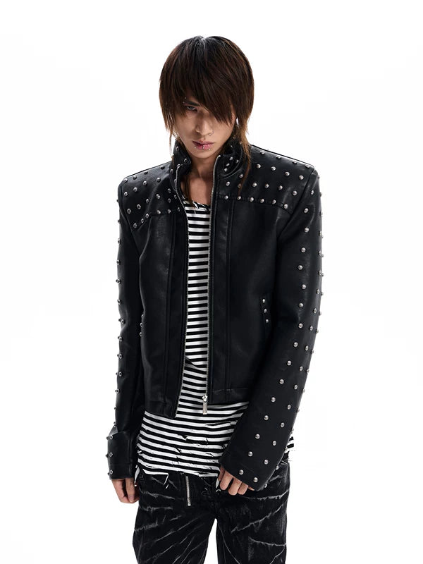 Studded Stand Collar Leather Motorcycle Jacket 1