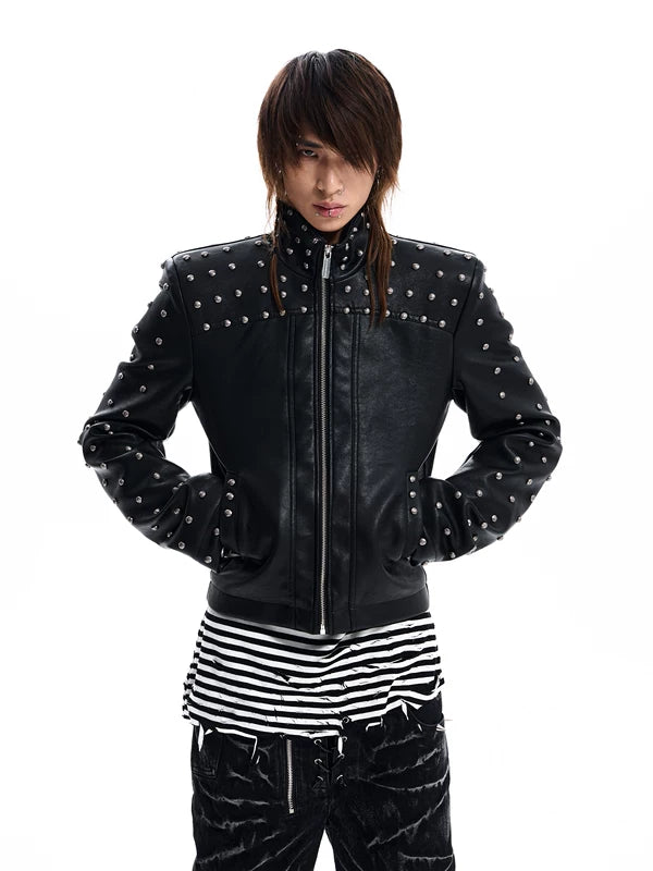 Studded Stand Collar Leather Motorcycle Jacket 2