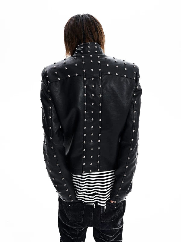 Studded Stand Collar Leather Motorcycle Jacket 3