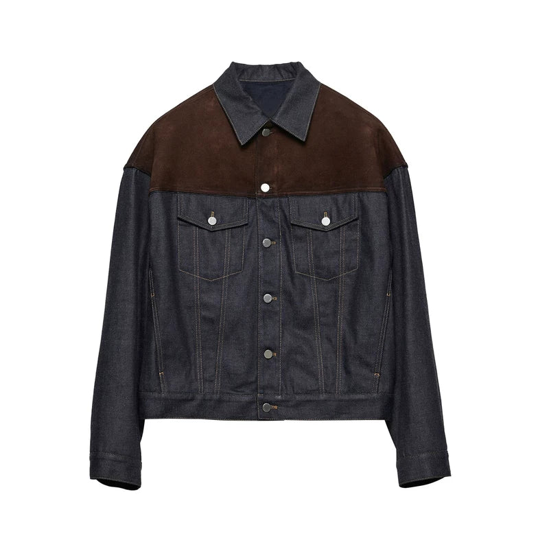 Suede Sheepskin Patchwork Denim Short Jacket 1