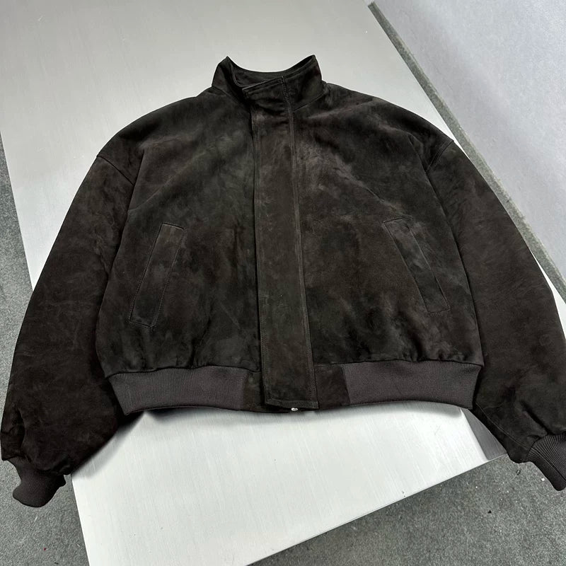 Suede Sheepskin Stand Collar Bomber Jacket 2