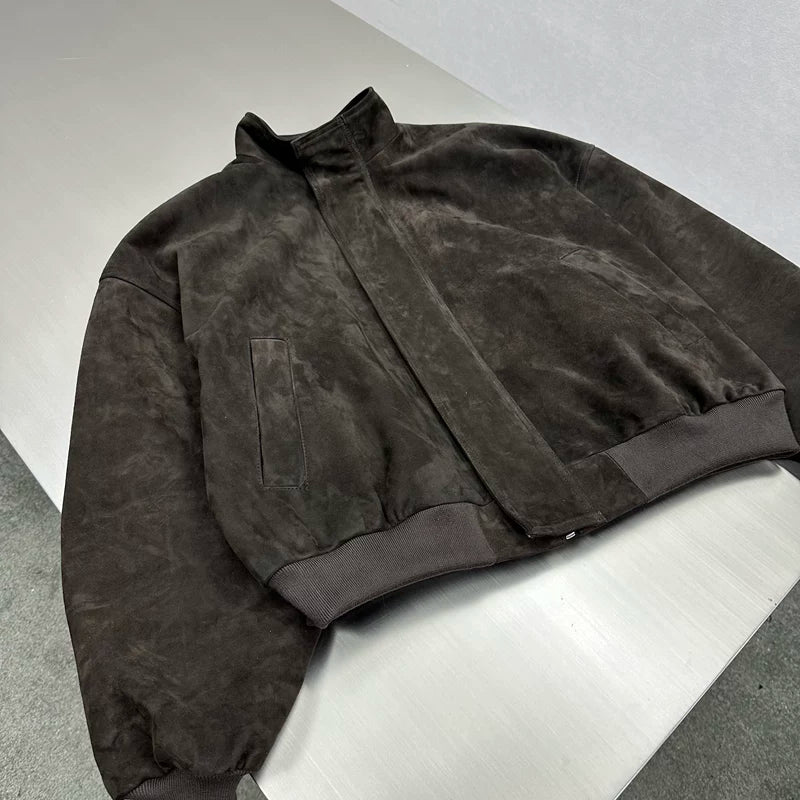 Suede Sheepskin Stand Collar Bomber Jacket 3