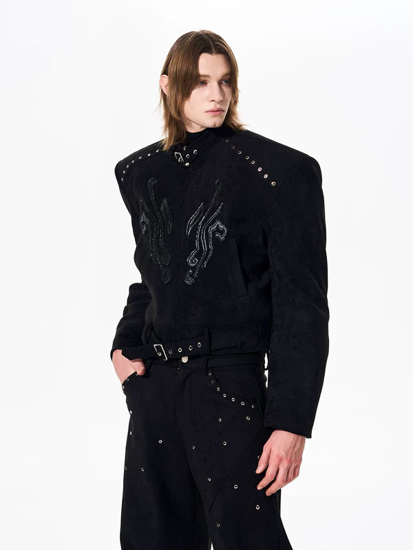Suede Stand Collar Padded Shoulder Jacket 2
