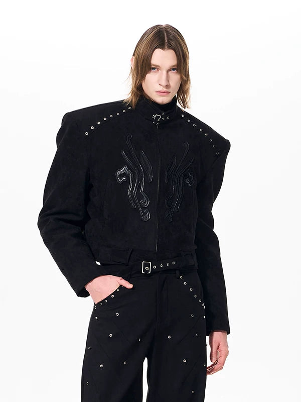 Suede Stand Collar Padded Shoulder Jacket 3