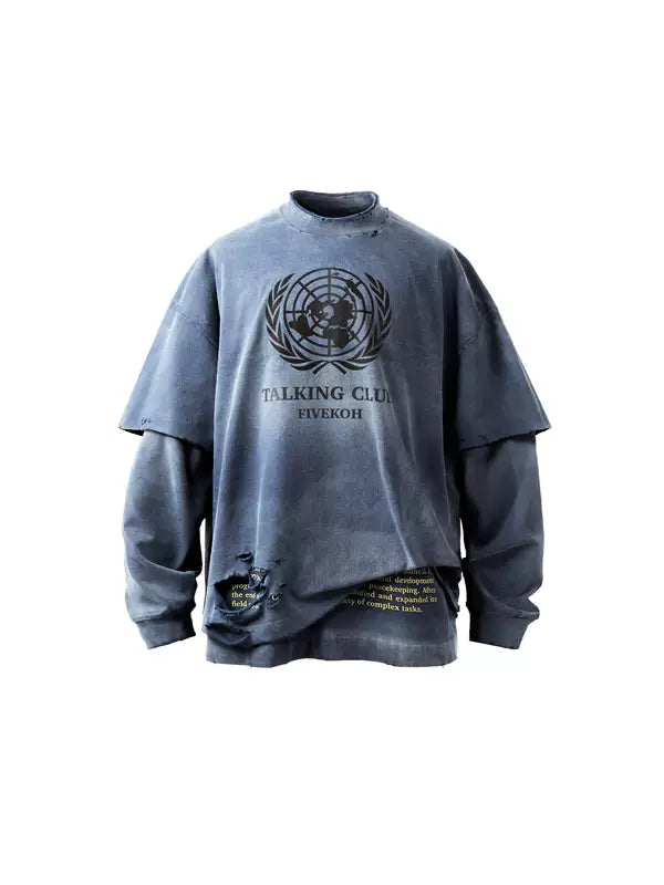 Talking Club Distressed Double-Layer Long-Sleeve T-Shirt 1