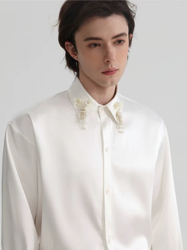 Tassel Collar Loose Satin Long-Sleeve Shirt 2