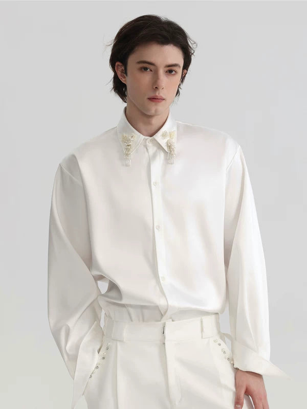 Tassel Collar Loose Satin Long-Sleeve Shirt 3