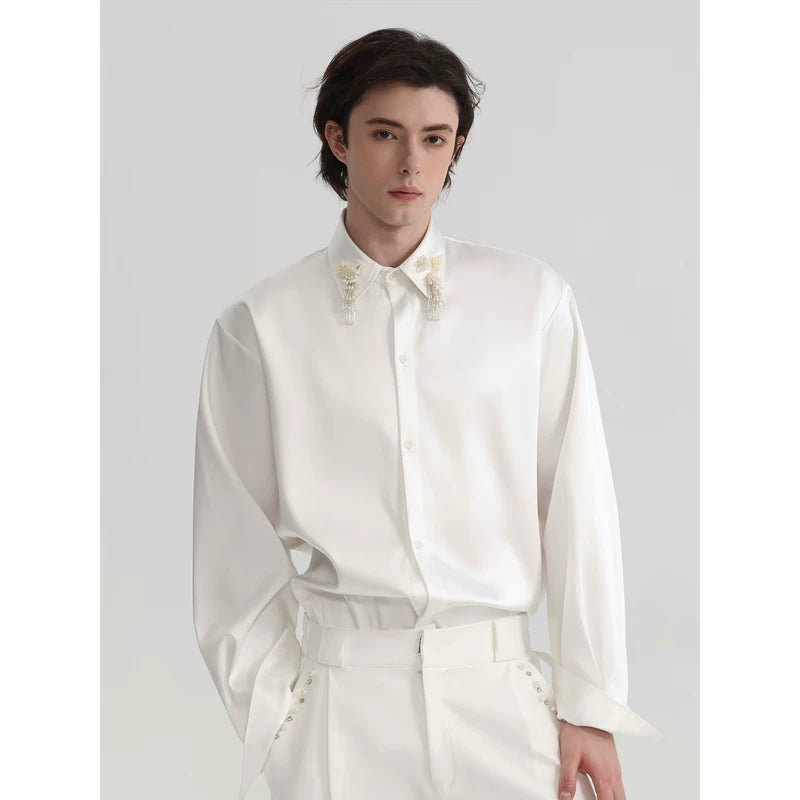6036740649151,6036740649152,6036740649153, Tassel Collar Loose Satin Long-Sleeve Shirt