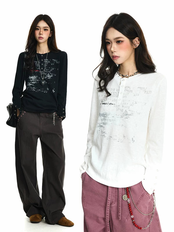 Textured Graphic Henley Long Sleeve T-Shirt 1