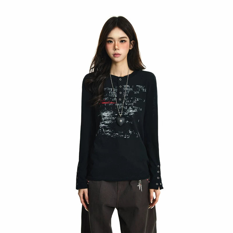 6037440208378,6037440208379,6037440208380, Textured Graphic Henley Long Sleeve T-Shirt